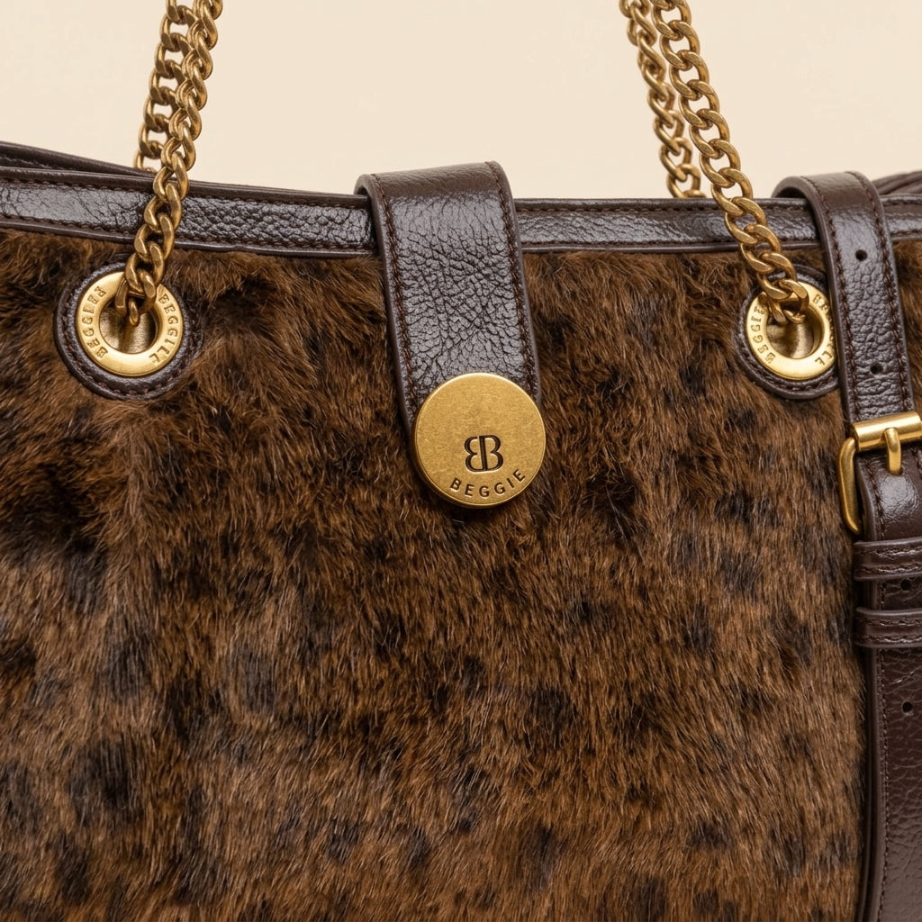 Bessie London Brown Leopard Tote Bag, Faux Fur Animal Print, Gold Hardware