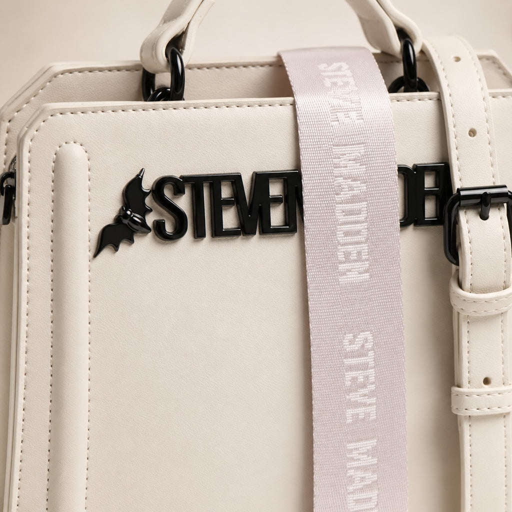 Steve Madden Chalk Crossbody Bag, Bat Detailings, Black Logo, Chic Handbag