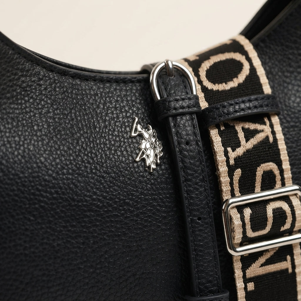 US Polo Assn Black Hobo Bag, Pebbled Crossbody, Adjustable Strap