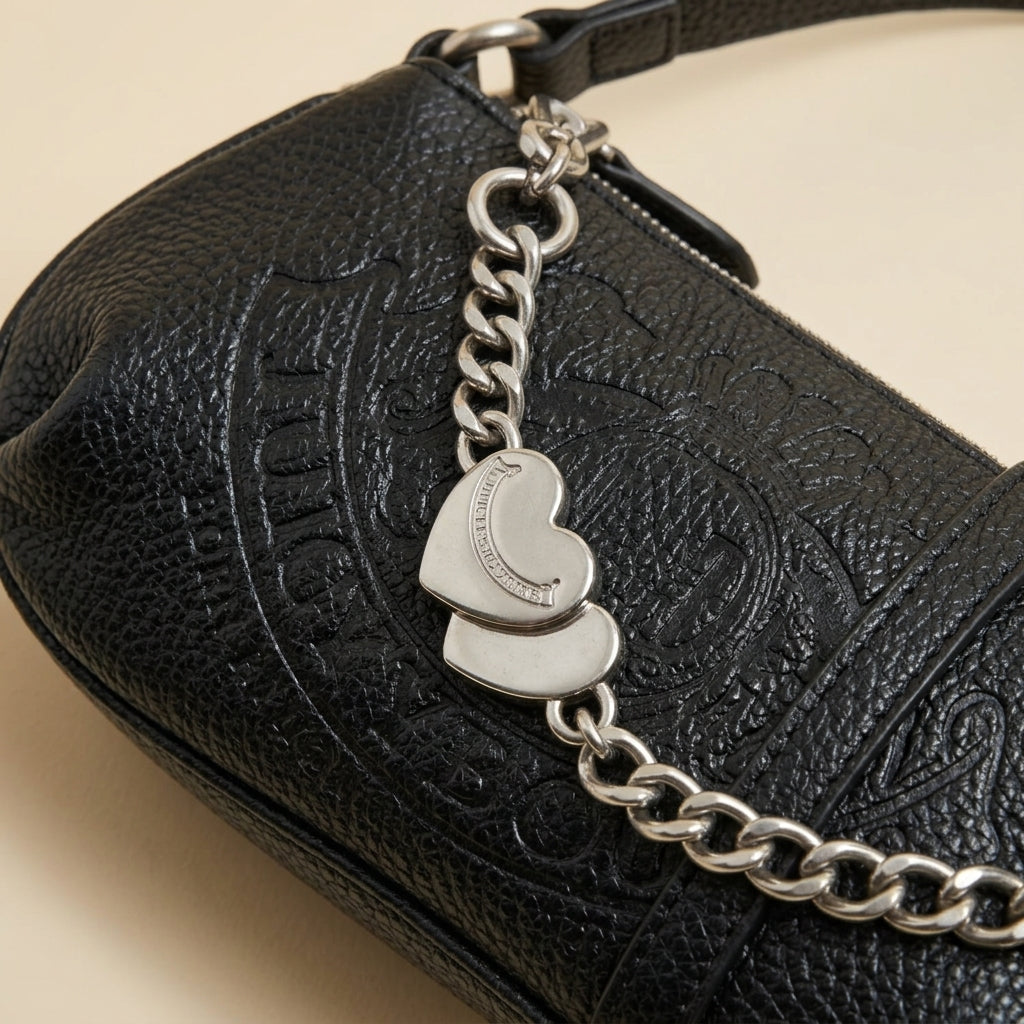 Juicy Couture Black Shoulder Bag, Pebbled Monogram Purse, Silver Heart Charm