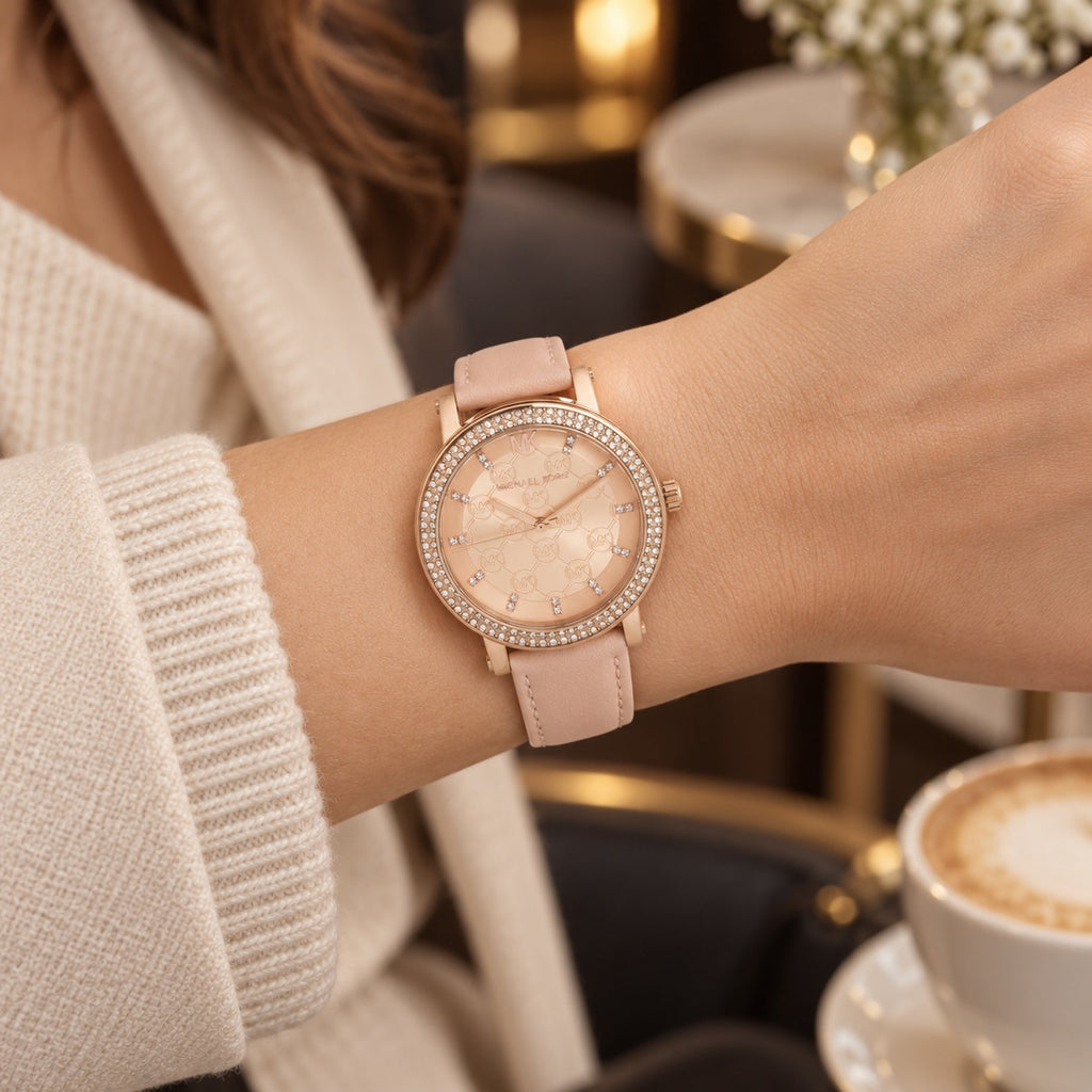 Michael Kors Rose Gold Crystal Watch, Blush Leather Strap