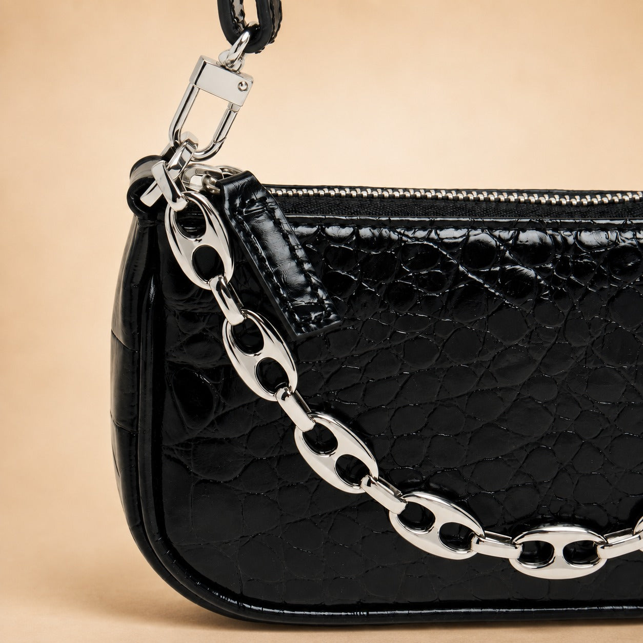 By Far Black Patent Croc Bag, Minimalist Shoulder Bag, Evening Bag, Gift for Her