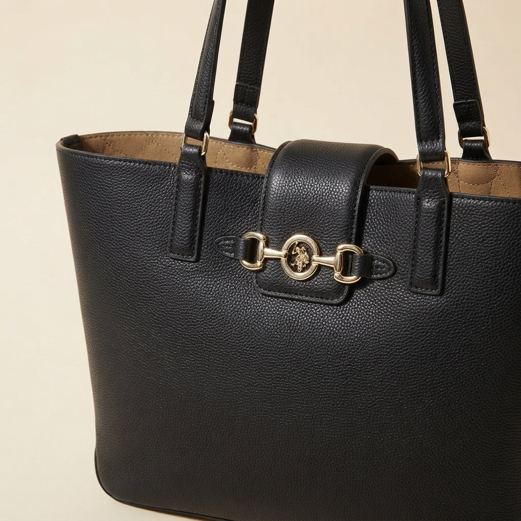 US Polo Assn Black Tote Bag, Y2K Vintage Inspired, Pebbled, Everyday Handbag