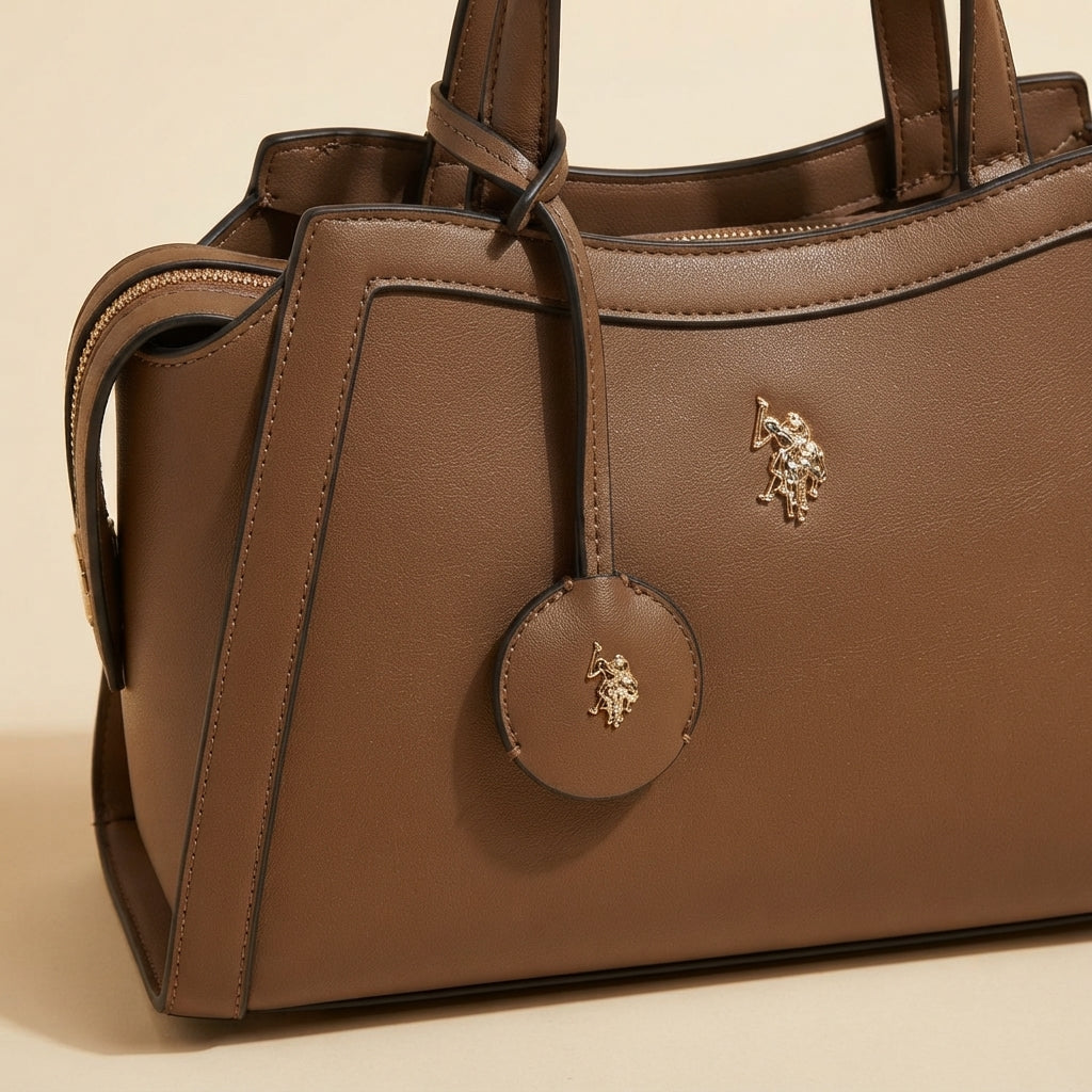 US Polo Assn Brown Tote Bag, Structured Shoulder Bag, Work Handbag, Chic