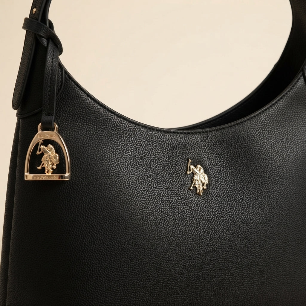 US Polo Assn Black Hobo Bag, Minimalist Shoulder Bag, Gold Accent