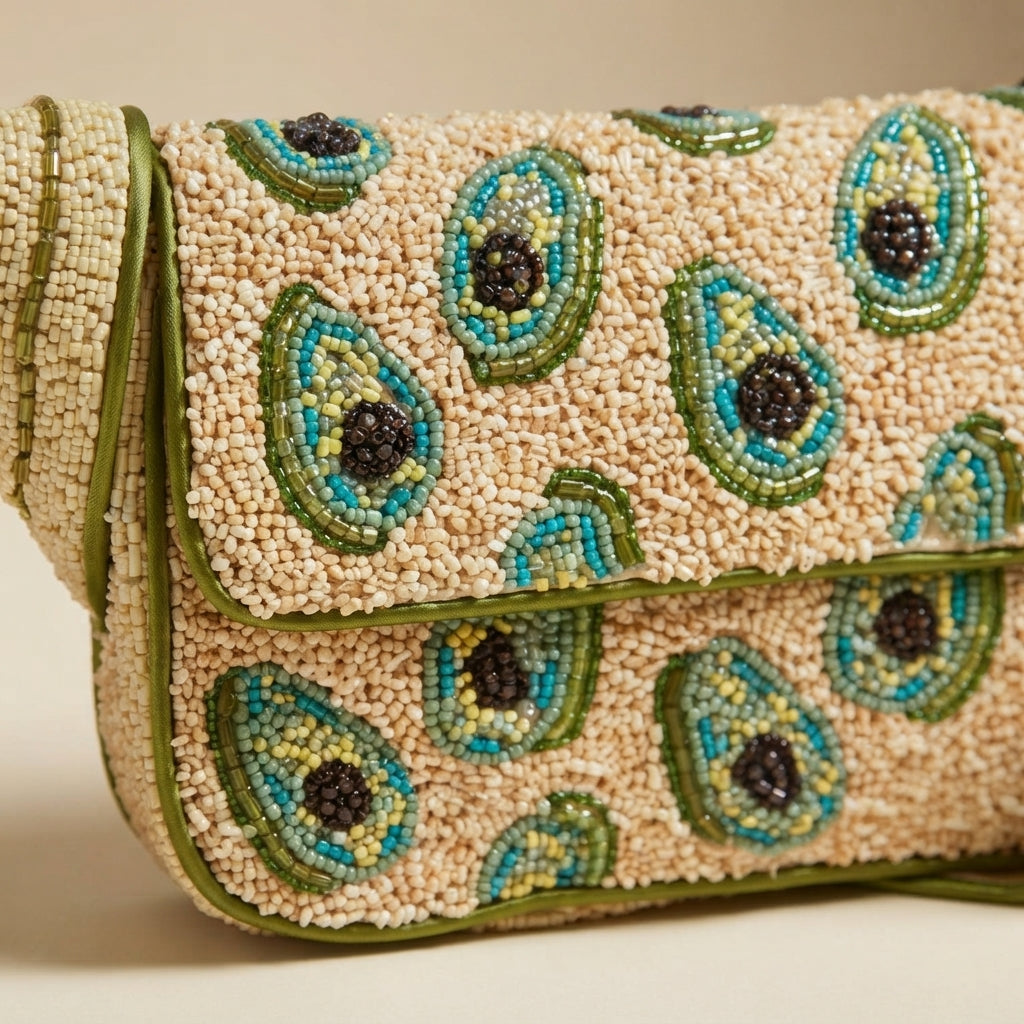 Mirasol Beaded Avocado Grab Bag, Multicoloured Food Novelty Handbag, Quirky Gift