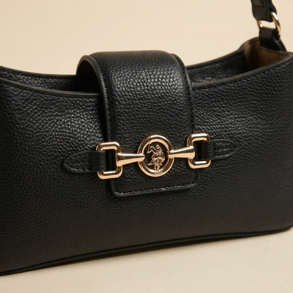 US Polo Assn Black Shoulder Bag, Gold Horsebit Hardware, Chic Everyday Tote