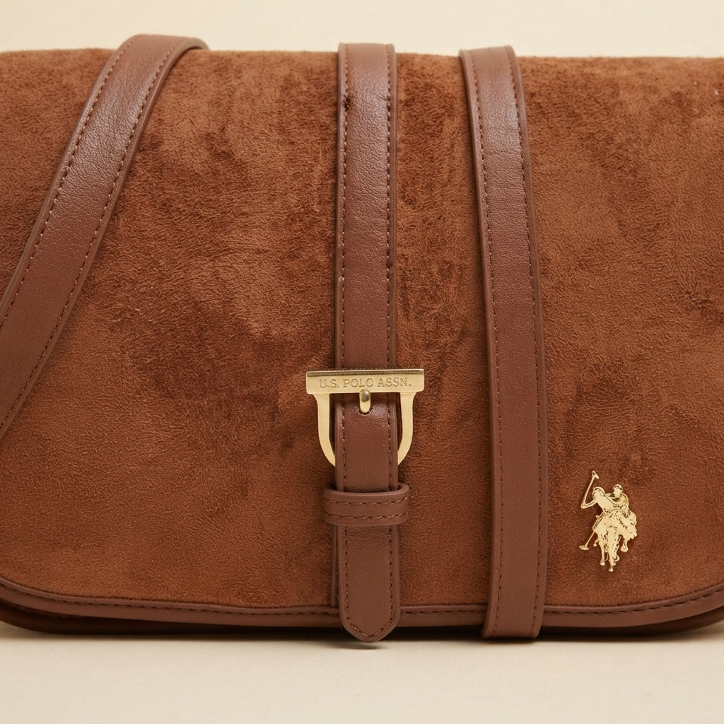 US Polo Assn Tan Suede Crossbody Bag, Nantucket Flap, Equestrian Chic