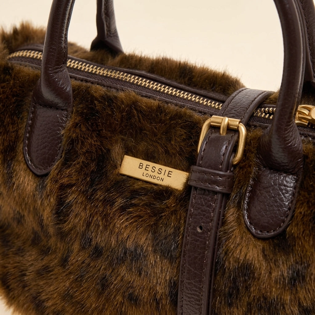 Bessie London Brown Dalmatian Faux Fur Grab Bag, Fluffy Animal Print Handbag