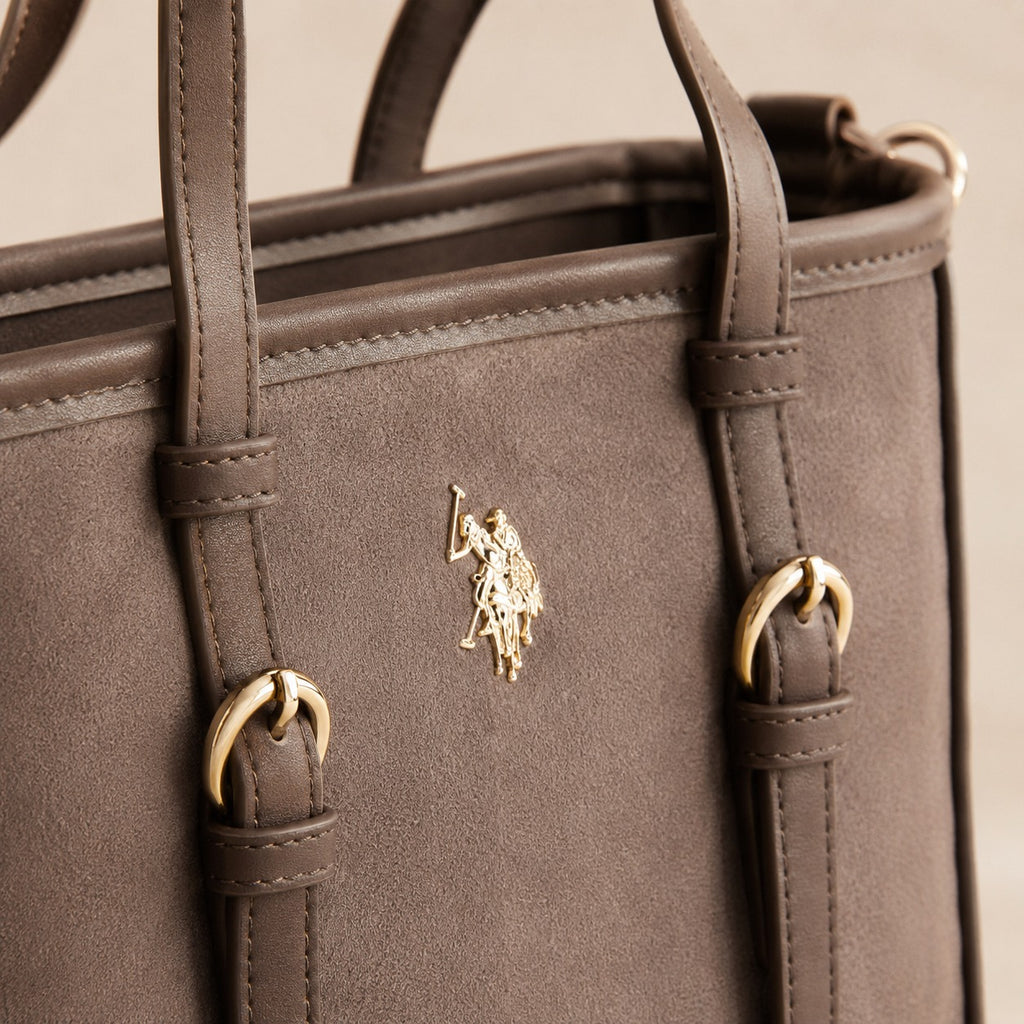 US Polo Assn Brown Tote Bag, Suede Finish, Gold Hardware, Preppy Equestrian