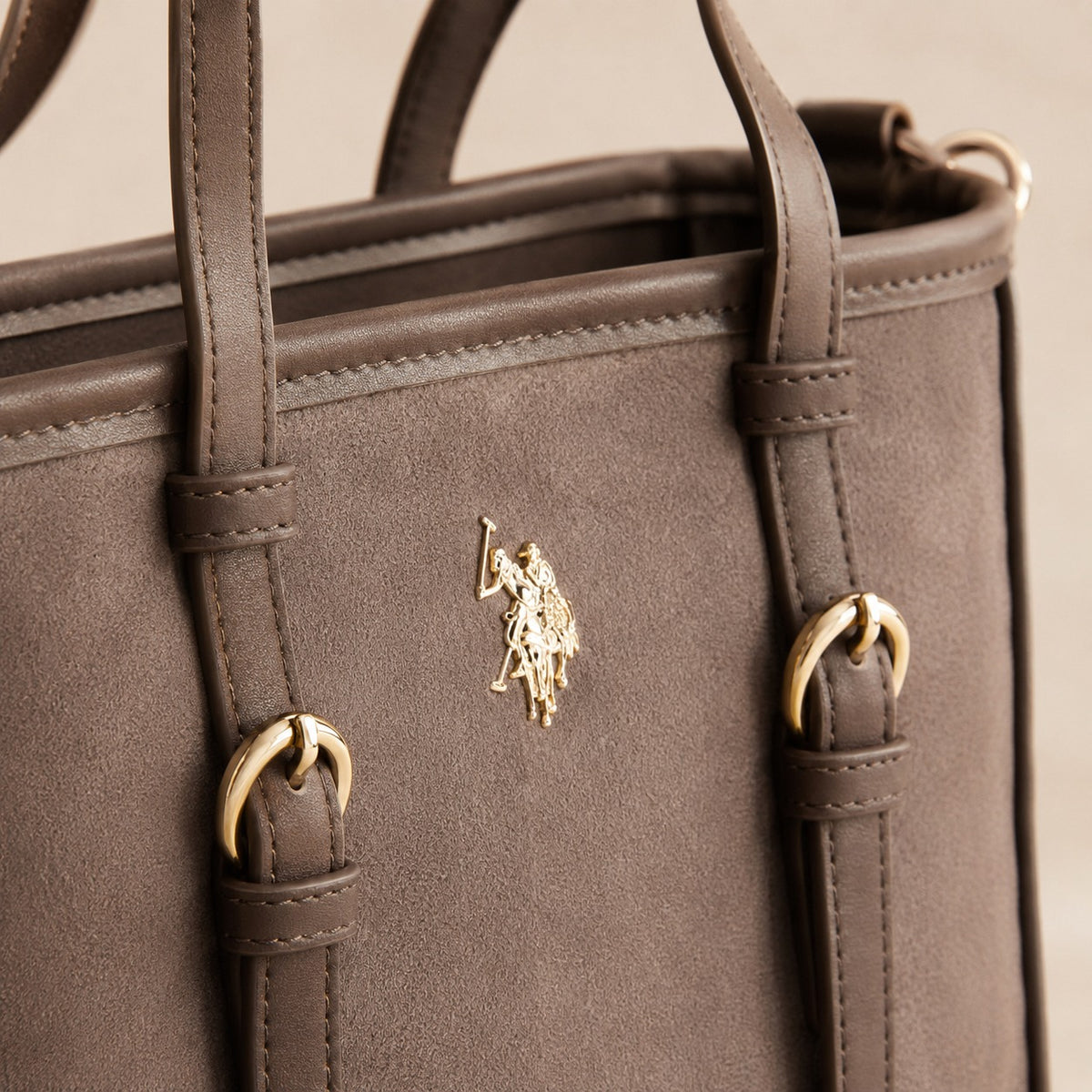 US Polo Assn Brown Tote Bag, Suede Finish, Gold Hardware, Preppy Equestrian