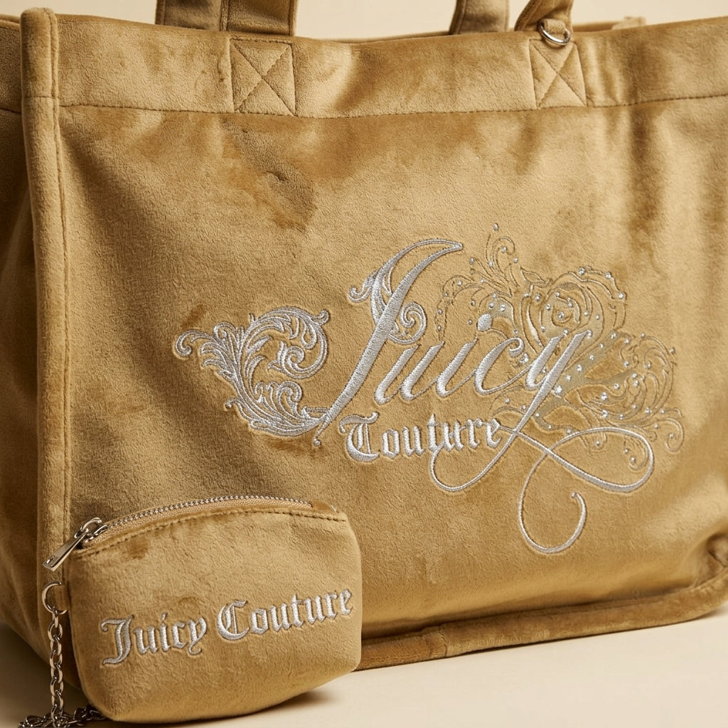 Juicy Couture Beige Shopping Tote Bag, Velour, Rhinestone Logo, Y2K Aesthetic