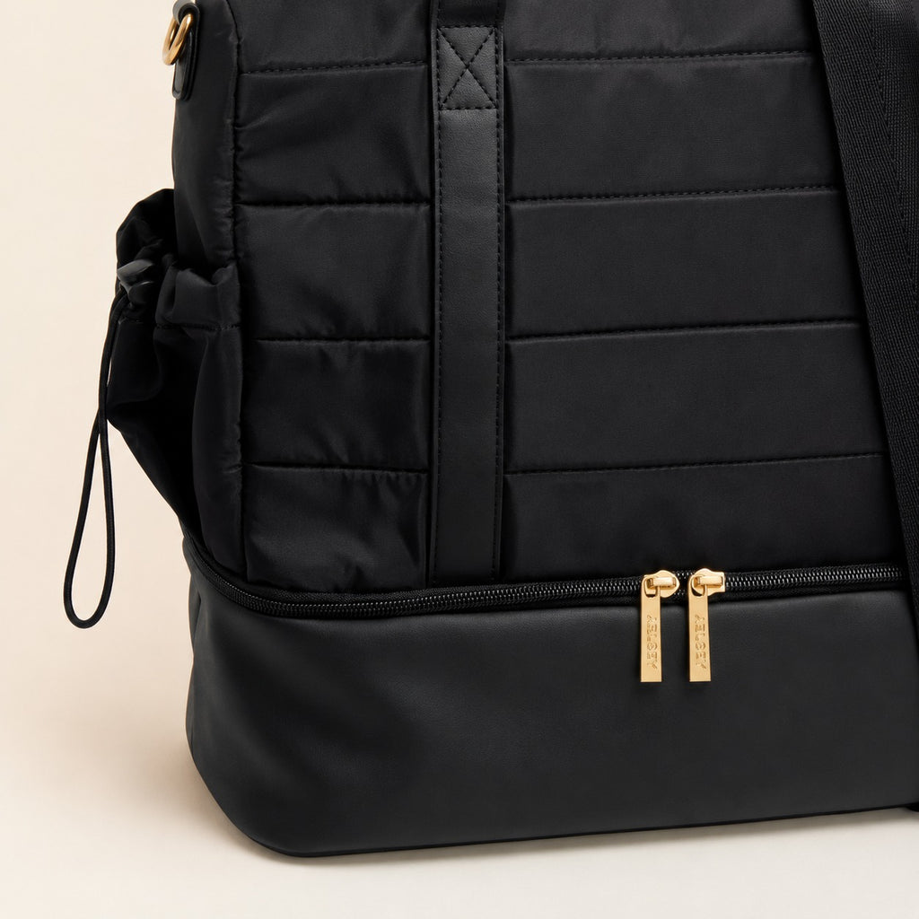 French Connection Black Weekender Bag, Quilted Padded Tote, Gym Travel Luggage
