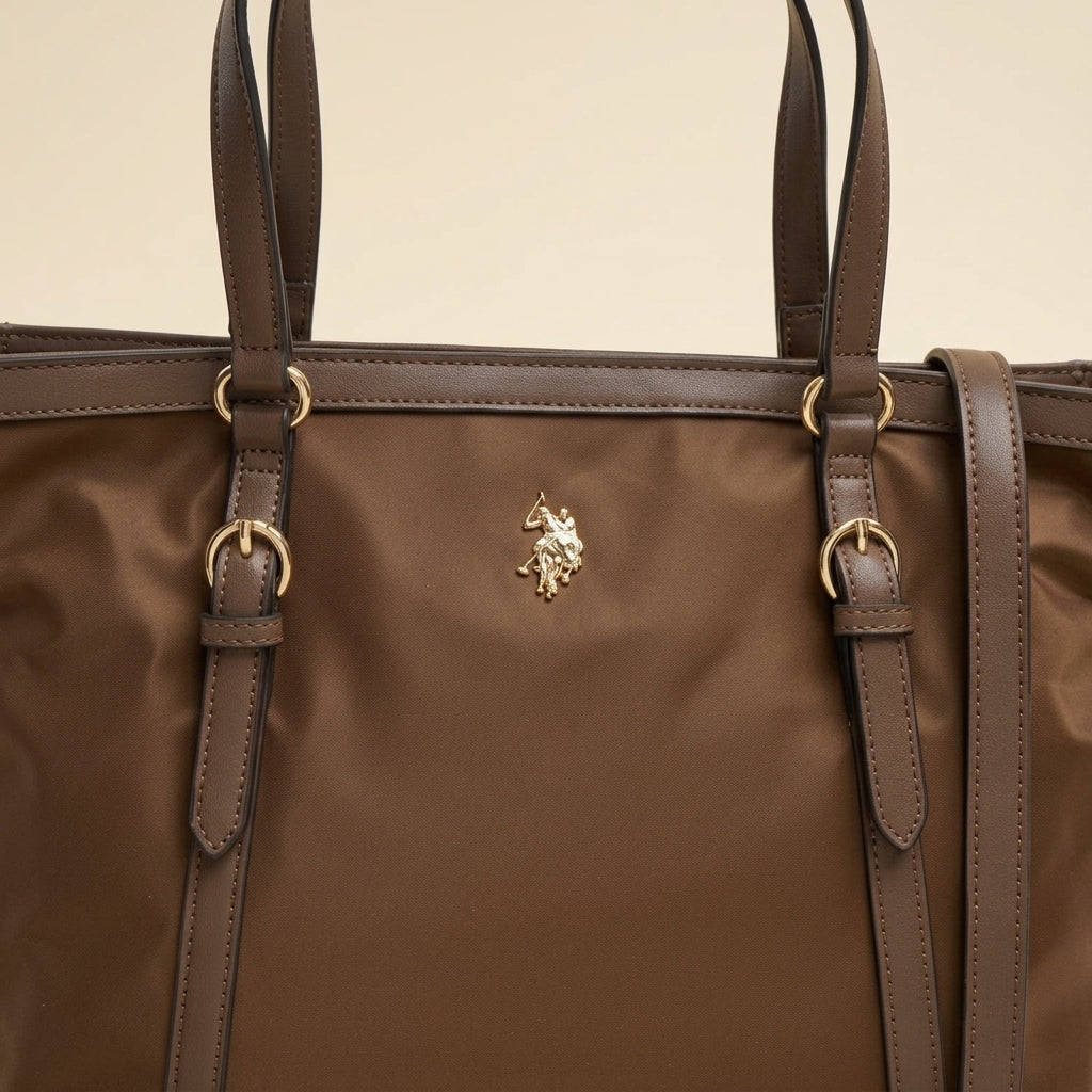 US Polo Assn Brown Tote Bag, Houston Shopping Handbag, Gold Hardware