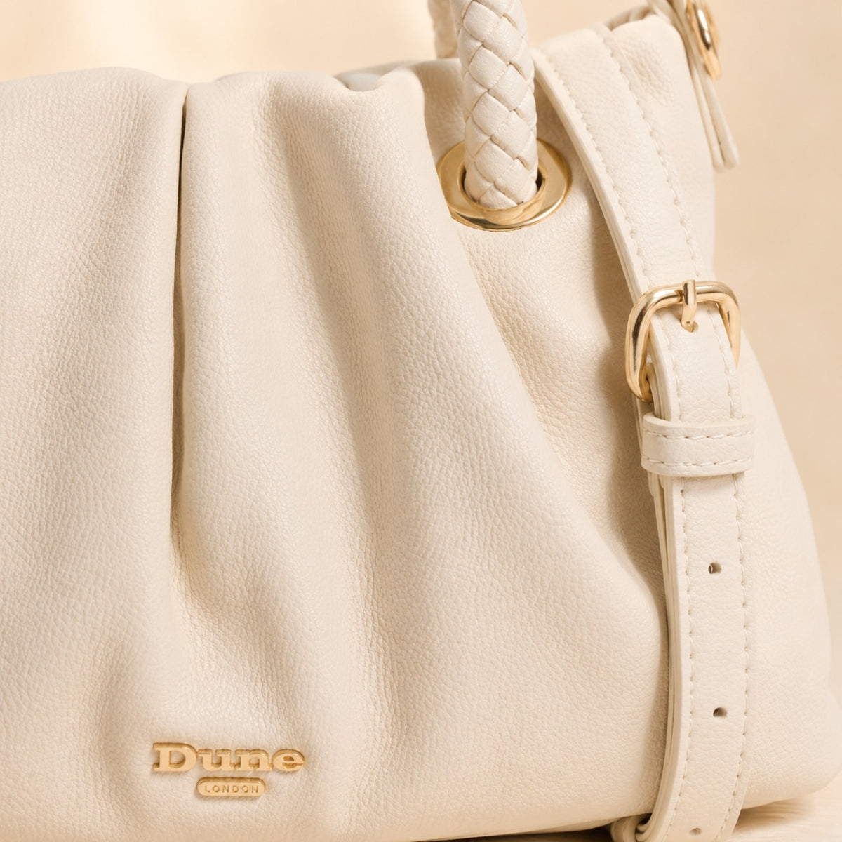 Dune Cream Handbag, Pebbled Faux Leather Satchel, Gold Hardware, Everyday Bag