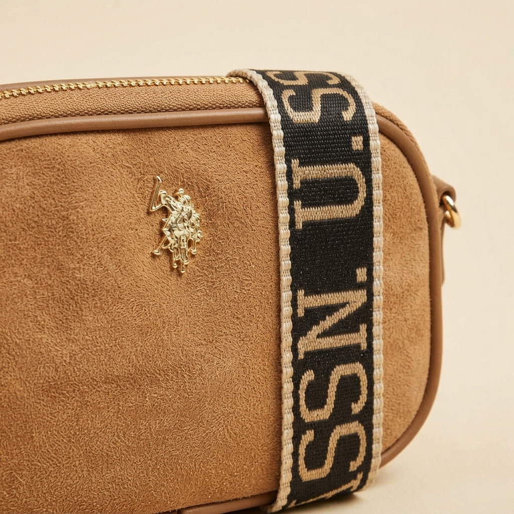 US Polo Assn Tan Suede Crossbody Bag, Brown Shoulder Bag, Everyday Handbag