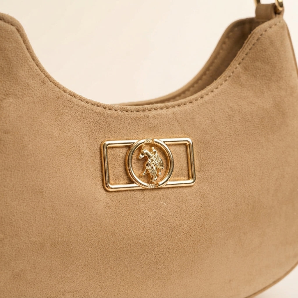 US Polo Assn Tan Brown Shoulder Bag, Faux Suede Hobo, Gold Hardware