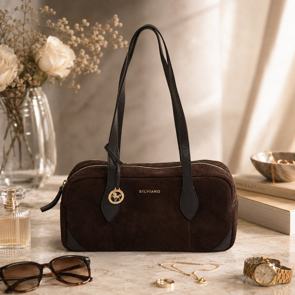 Silviano Brown Suede Shoulder Bag, Zip Top, Gold Hardware, Everyday Purse