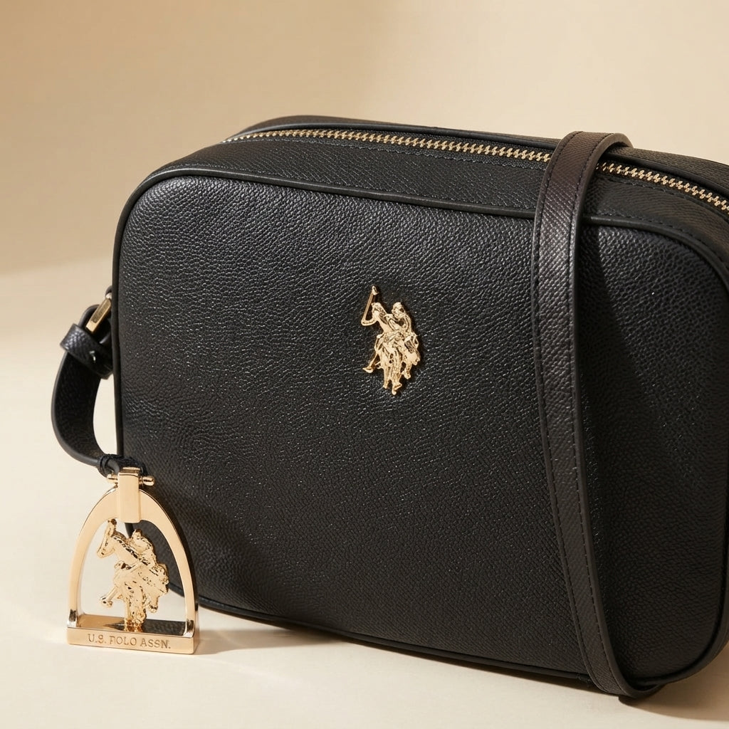 US Polo Assn Black Crossbody Bag, Pebbled Leather Look, Gold Emblem, Everyday