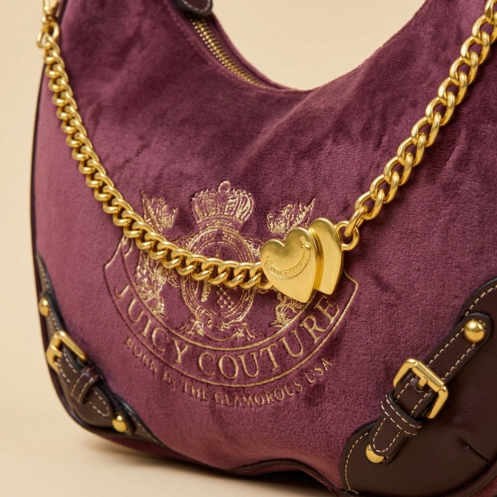 Juicy Couture Burgundy Hobo Bag, Velour Shoulder Bag, Gold Chain