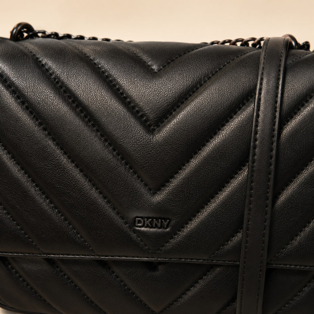 DKNY Black Veronica Chevron Crossbody Bag, Quilted Shoulder Bag, Everyday Purse