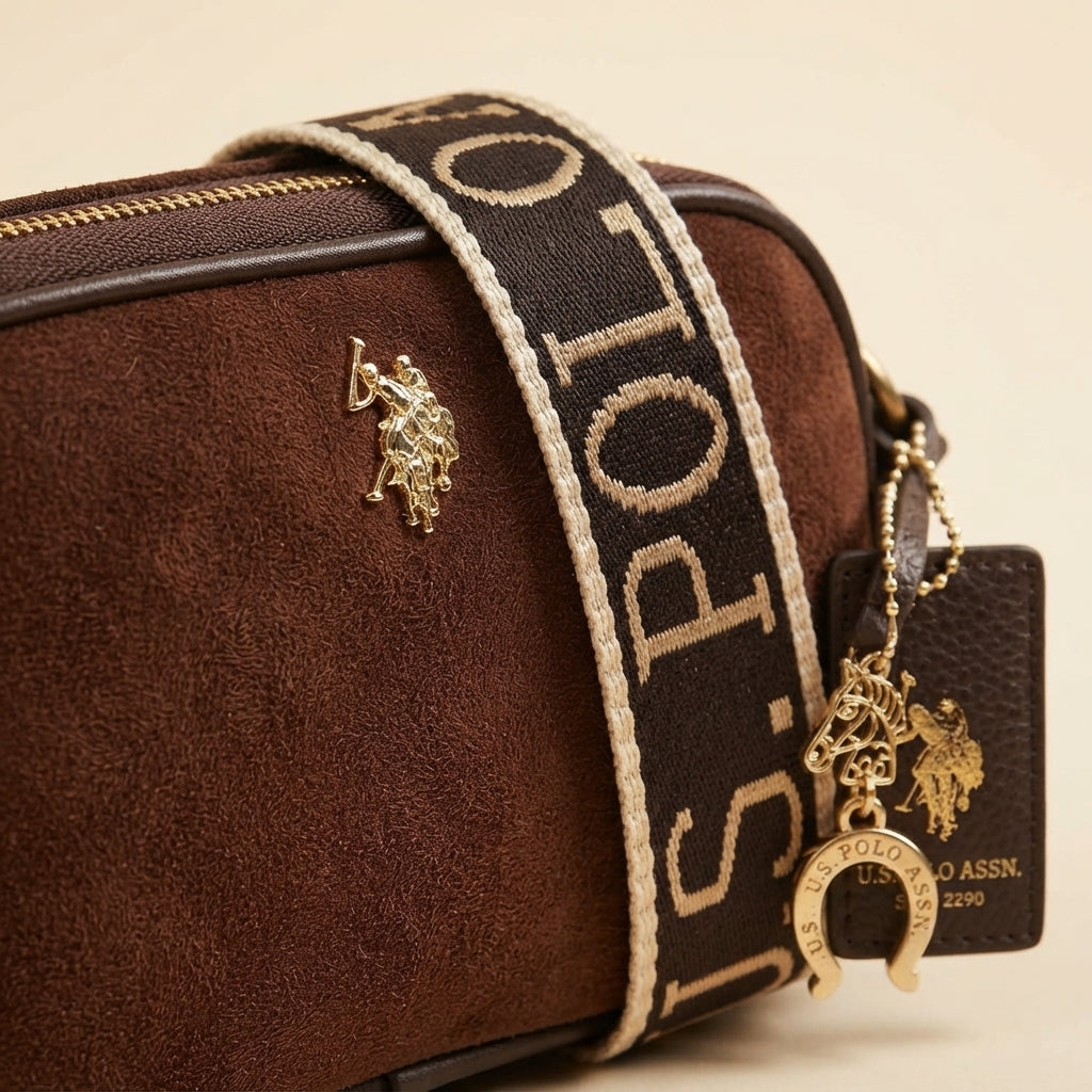 US Polo Assn Brown Crossbody Bag, Equestrian Style, Gold Hardware