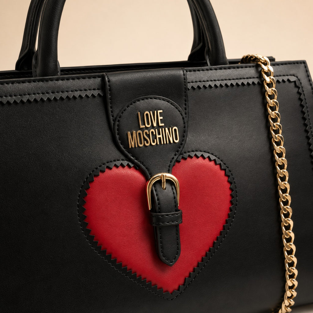 Love Moschino Black Satchel Bag, Red Heart Applique, Gold Hardware, Gift For Her