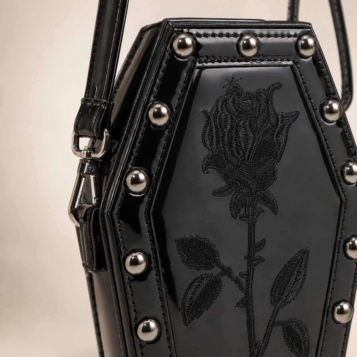 Skinnydip Black Coffin Crossbody Bag, Goth Rose Embroidered, Spooky Aesthetic