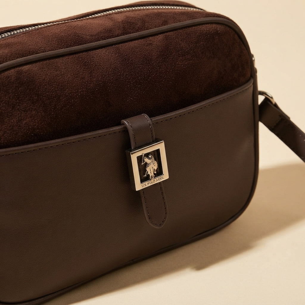US Polo Assn Brown Crossbody Bag, Suede Leather, Everyday Shoulder Handbag