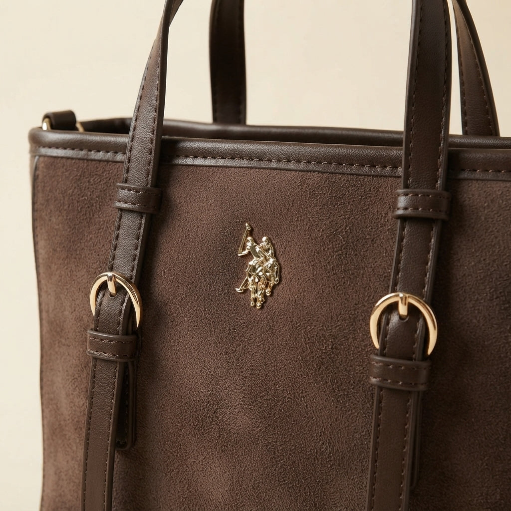 US Polo Assn Brown Mini Tote Bag, Suede Look, Gold Buckles, Equestrian, Gift