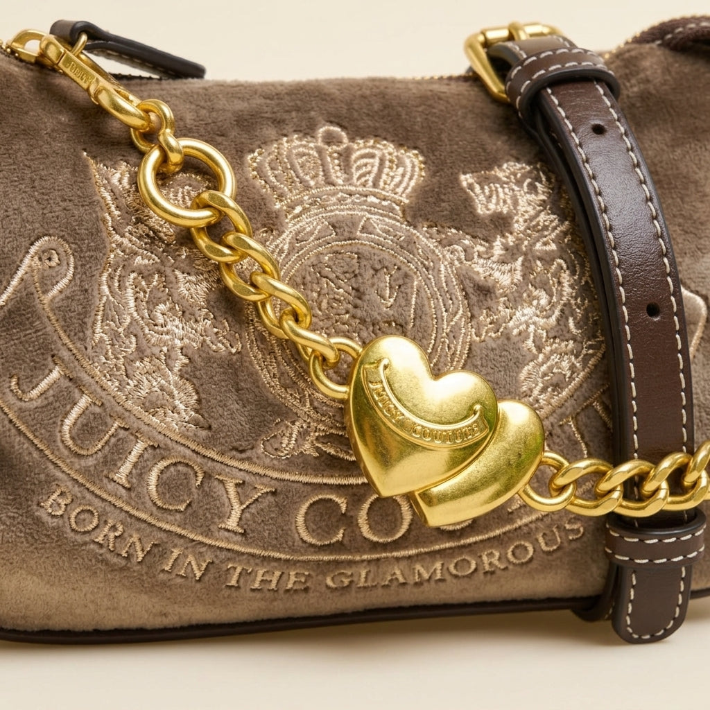 Juicy Couture Brown Bag, Velour Shoulder Bag, Gold Heart Charm