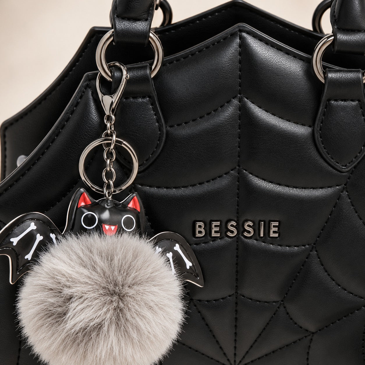 Bessie London Black Spiderweb Tote Bag, Goth Satchel, Bat Charm, Gift For Her