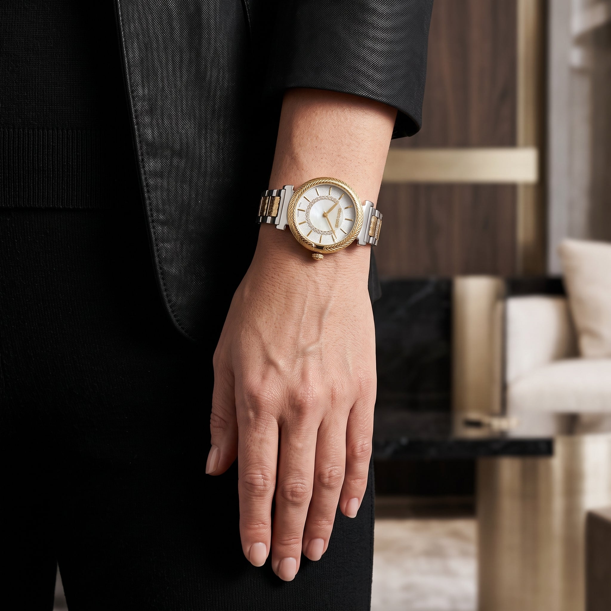 Roberto Cavalli Two Tone Watch, Snake Eclira Crystal Dial