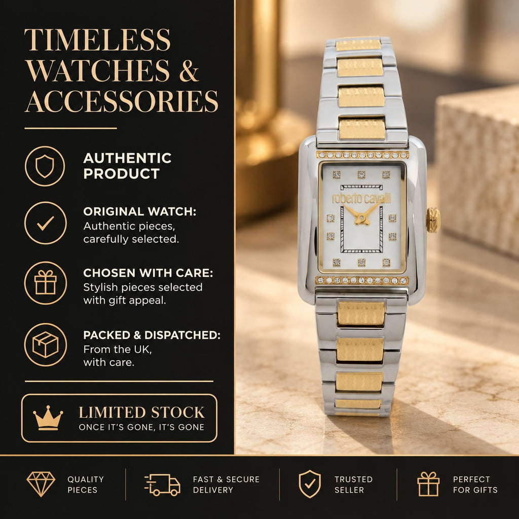 Roberto Cavalli Silver & Gold Watch, Two Tone Rectangular Crystal Gift for Her