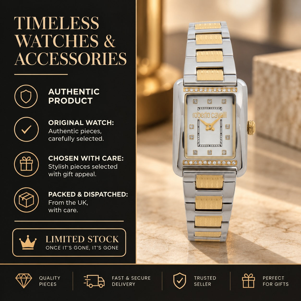 Roberto Cavalli Silver & Gold Watch, Two Tone Rectangular Crystal Gift for Her