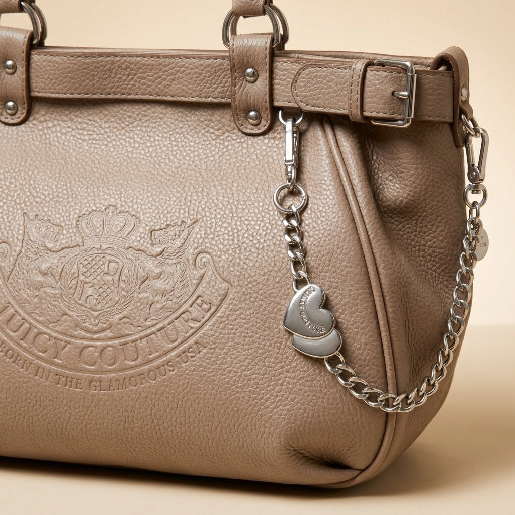 Juicy Couture Taupe Satchel Bag, Pebbled Leather Tote, Everyday Work Purse