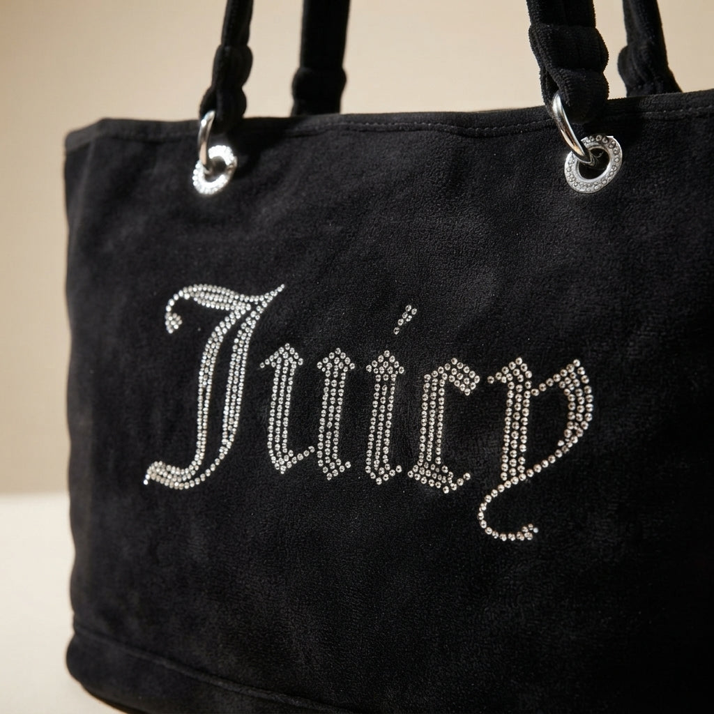 Juicy Couture Black Velour Tote Bag, Rhinestone Script Logo, Everyday Shopper