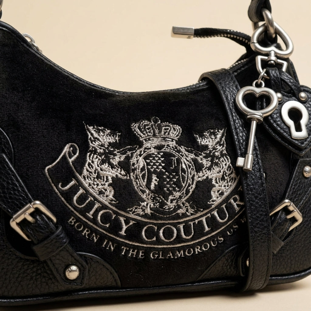Juicy Couture Black Hobo Bag, Velour Crest Logo, Shoulder Bag, Y2K Aesthetic