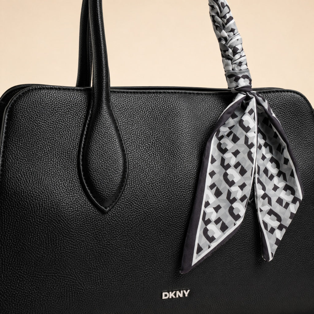 DKNY Black Allison Satchel Handbag, Scarf Detail, Everyday Work Bag, Gift For Her