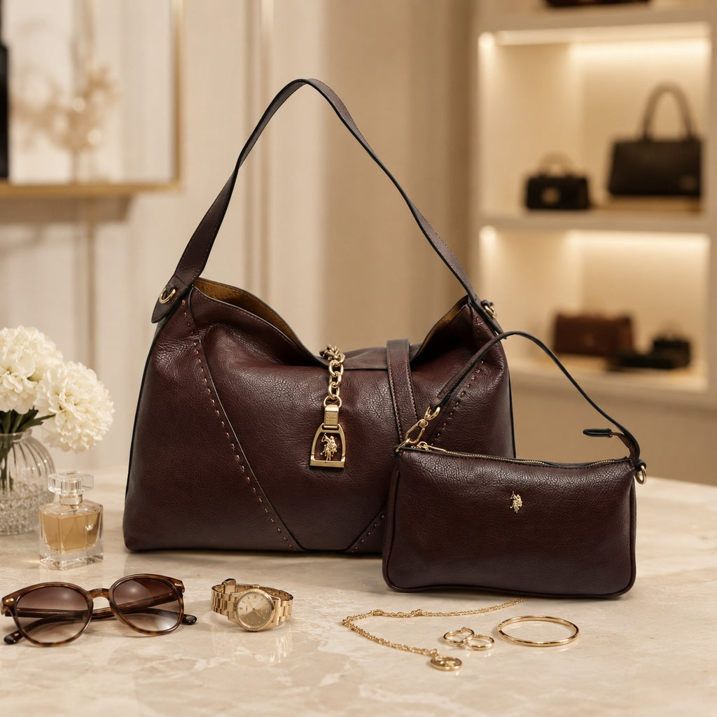 US Polo Assn Brown Hobo Bag, Dark Shoulder Purse with Pouch, Equestrian Aesthetic