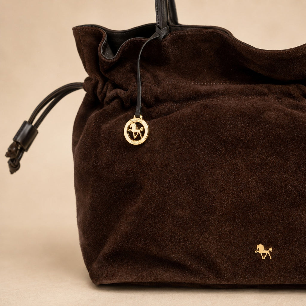 Silviano Brown Suede Shoulder Bag, Chocolate Drawstring Hobo, Everyday Tote