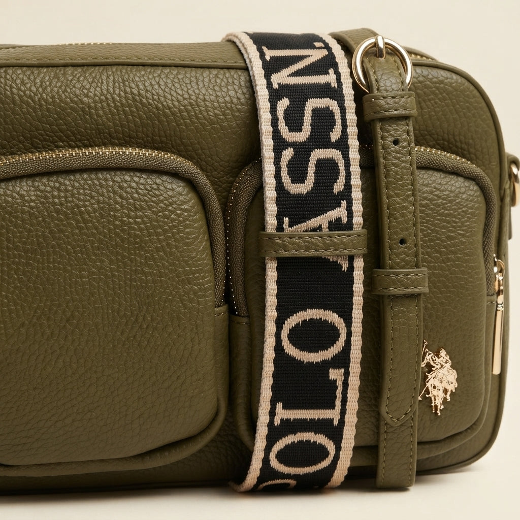 US Polo Assn Olive Crossbody Bag, Pebbled Leather Look, Webbing Strap