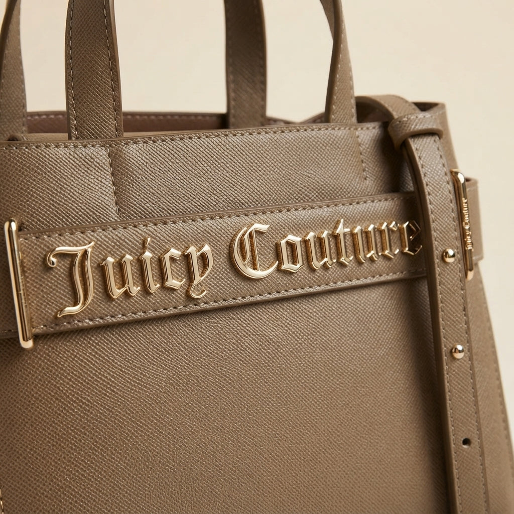 Juicy Couture Taupe Mini Tote Bag, Top Handle, Crossbody Strap, Gold Hardware
