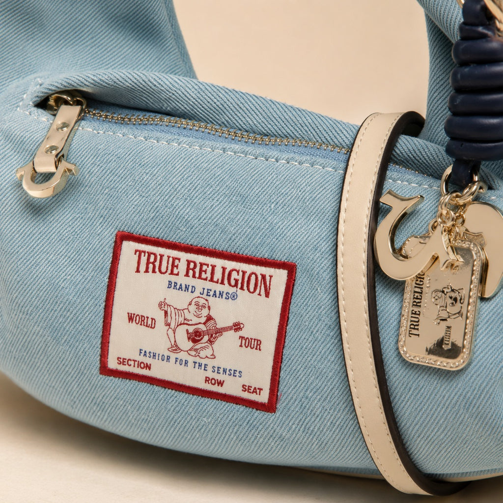 True Religion Light Blue Denim Hobo Bag, Knotted Handle, Aesthetic Handbag