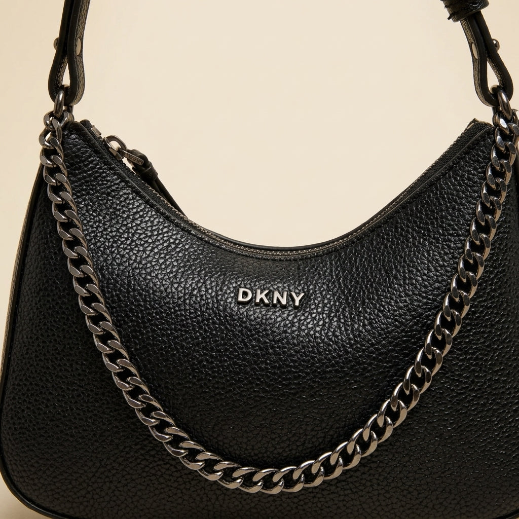 DKNY Black Crescent Shoulder Bag, Pebbled Faux Leather, Gunmetal Chain