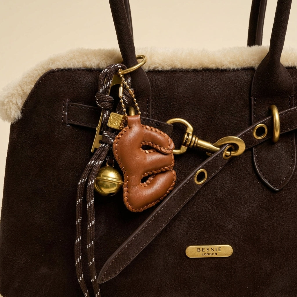 Bessie London Brown Crossbody Bag, Fleece Trim, Gold Charm, Equestrian Satchel