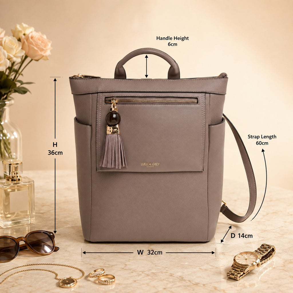 Luella Grey Taupe Laptop Backpack, 15in Work Bag, Tassel Charm
