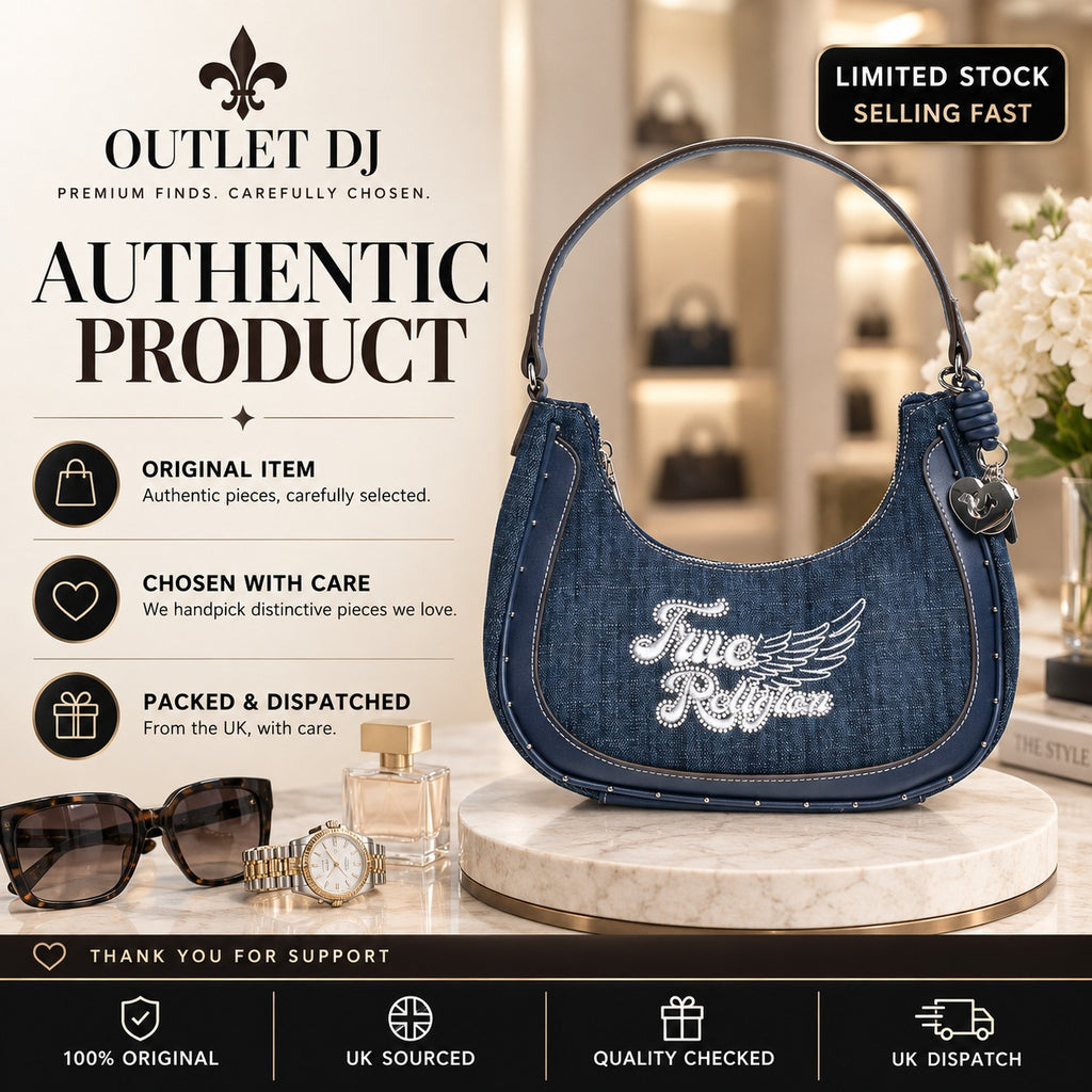 True Religion Blue Denim Shoulder Bag, Embroidered Logo, Chic Everyday Purse
