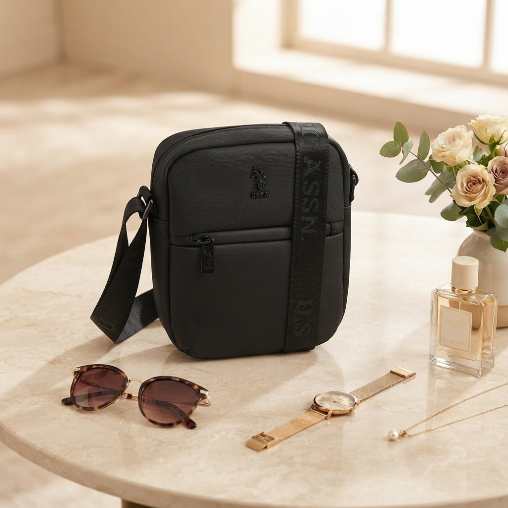 US Polo Assn Black Crossbody Bag, Boxy Everyday Shoulder Purse, Minimalist Gift