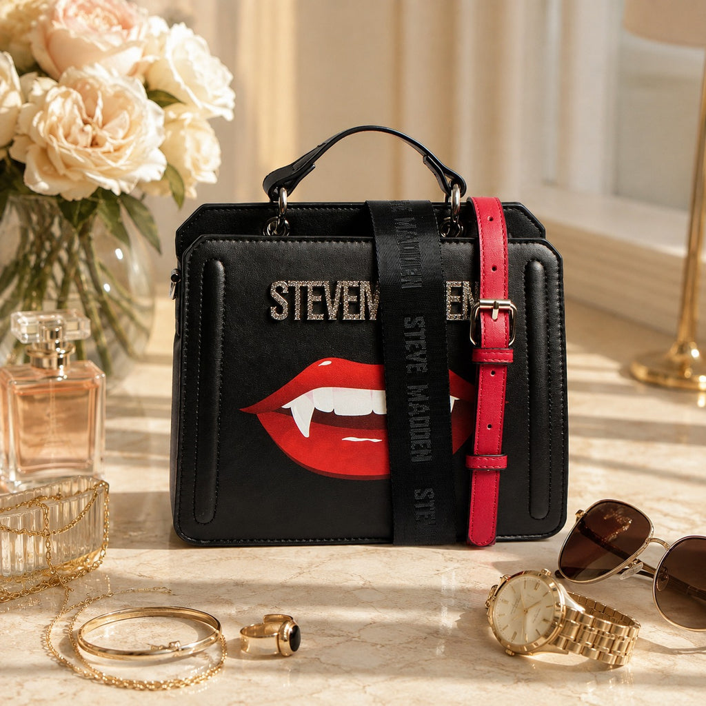 Steve Madden Black Lip Crossbody Bag, Vampire Lips, Sparkling Logo
